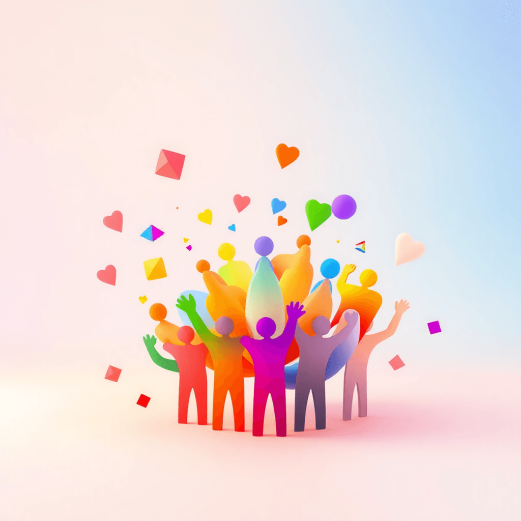 Abstract 3D illustration of colorful rainbow geometric shapes interconnected on a warm gradient background symbolizing unity and inclusivity.