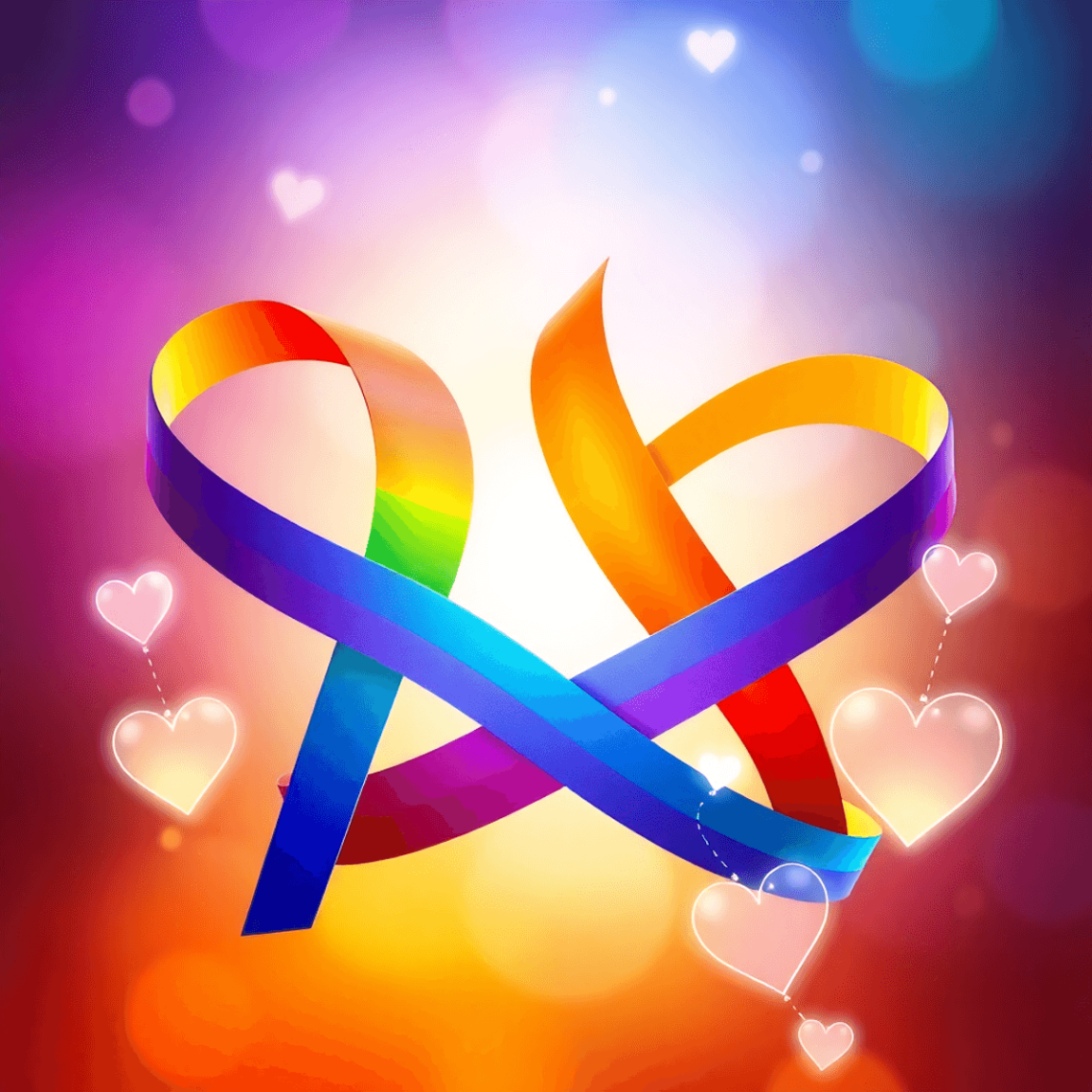 Colorful 3D abstract background with intertwined rainbow ribbons, glowing hearts, and digital network nodes symbolizing diversity and connection.