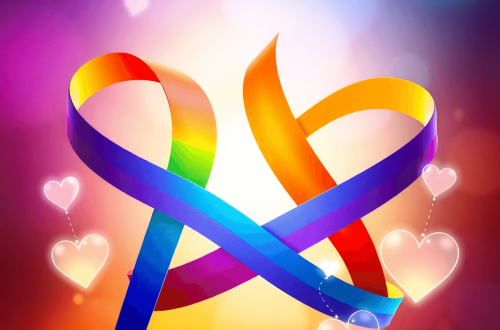 Colorful 3D abstract background with intertwined rainbow ribbons, glowing hearts, and digital network nodes symbolizing diversity and connection.