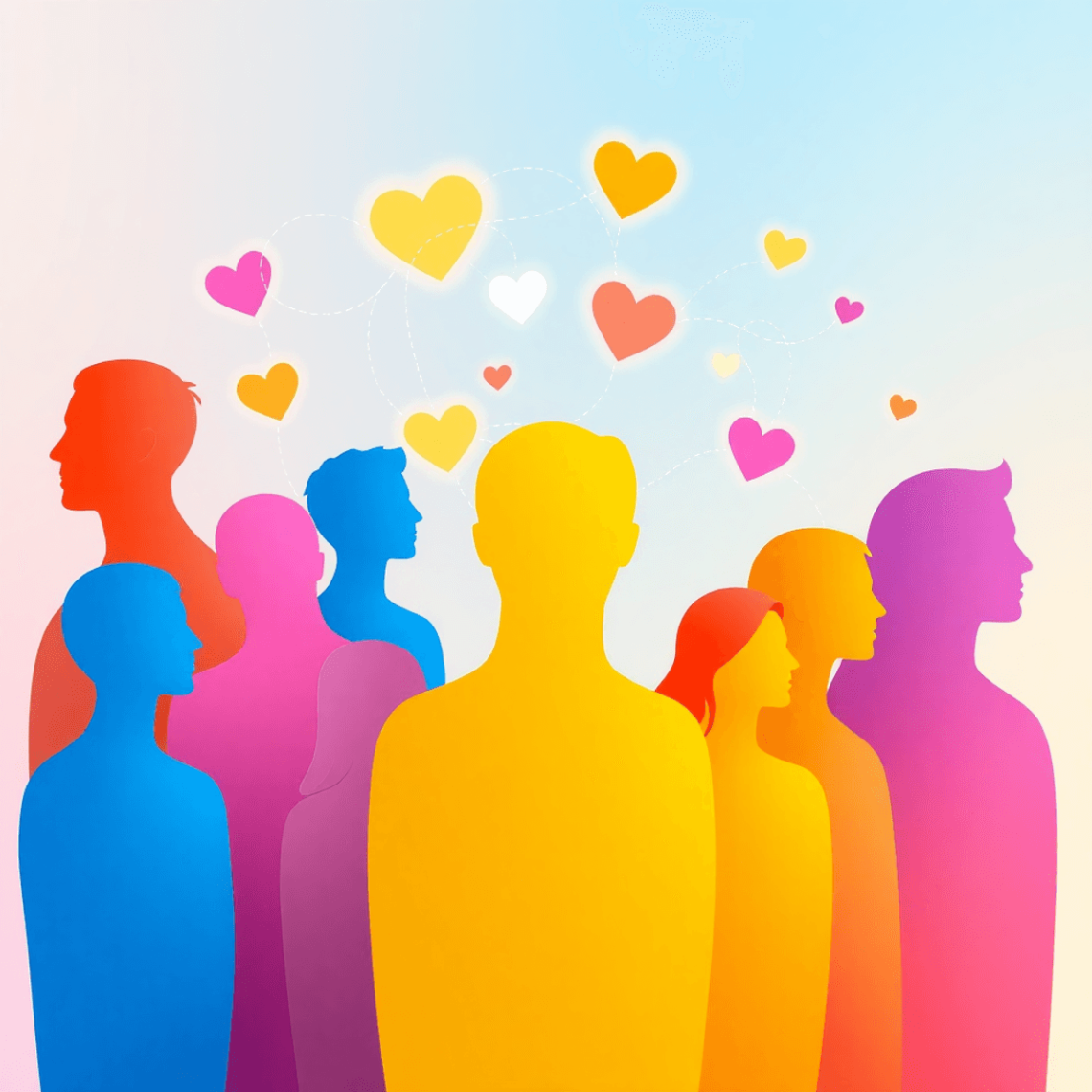 Colorful 3D abstract illustration of diverse human silhouettes with glowing hearts, stars, and waves on a rainbow gradient background symbolizing i...